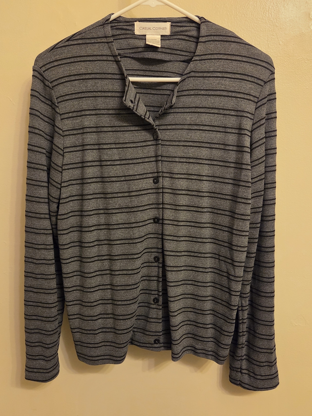 Vintage Casual Corner Striped Cardigan Top Grey Black Medium Y2K 90s Minimalist